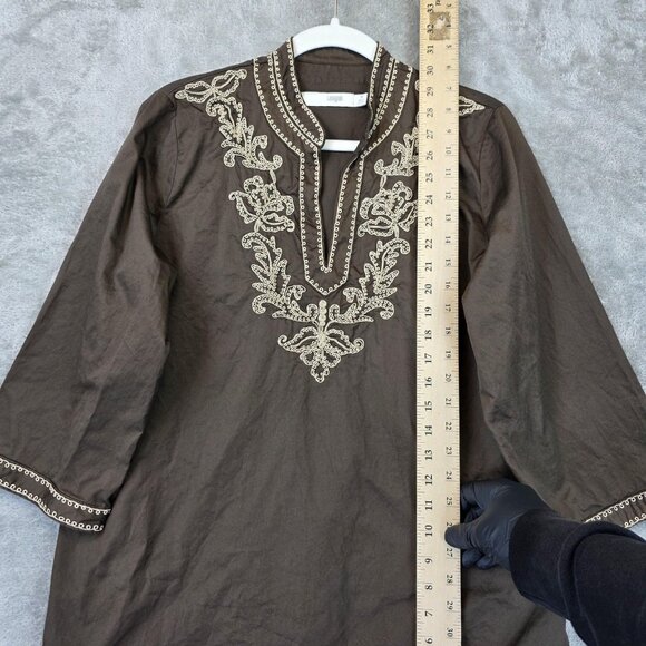 I. Magnin Shirt Womens Medium Brown Embroidered Tunic Boho 3/4 Sleeve Split Neck - Picture 4 of 10